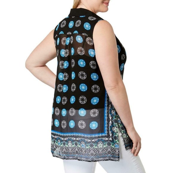 INC Chiffon Sheer Printed V Neck Summer Top - Picture 2 of 2